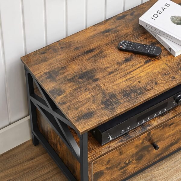 VASAGLE Meuble TV, Meuble TV pour TV 55 Pouces, Salon, avec 2 tiroirs, 2 étagères de Rangement, 120 x 40 x 50 cm, Cadre en Acier, Style Industriel, Marron Rustique et Noir LTV300B01 – Image 6