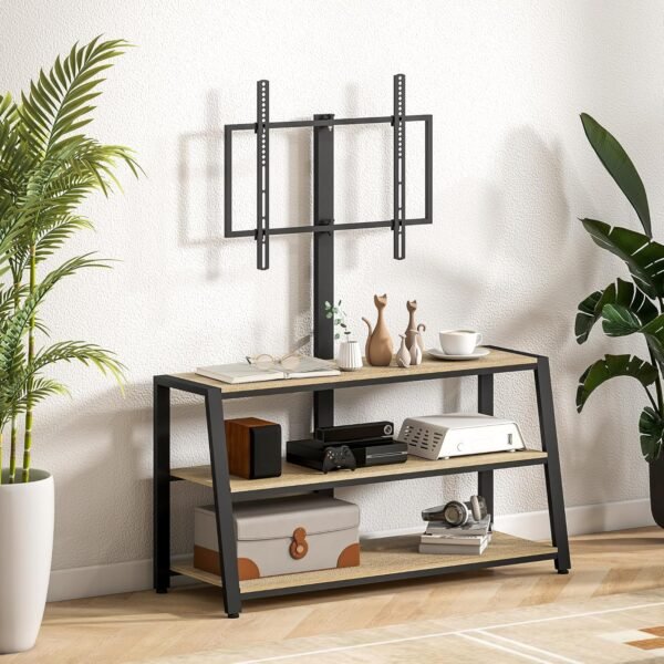 HOMCOM Meuble TV avec Support orientable 35°, Meuble télé pour téléviseurs de 32-70 Pouces, étagères Ouvertes, Banc TV Industriel pour Salon Chambre à Coucher, 108x41x135cm, Effet Bois Naturel – Image 9