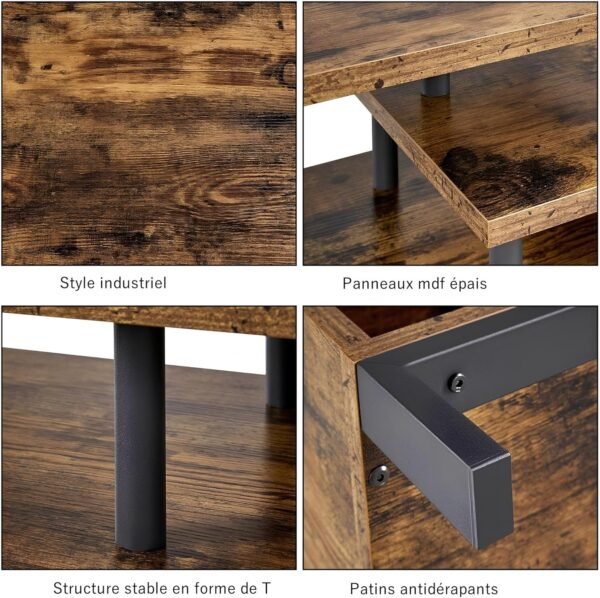 Yaheetech Meuble TV Bas Table TV Support de Télévision en Bois pour Salon Chambre Salle à Manger à 3 Niveaux Style Industriel Marron Rustique 106 x 39,5 x 40 cm – Image 5