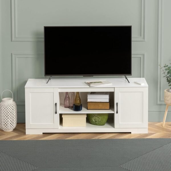 Zinus Bennett Meuble TV - Meuble TV de style rustique avec étagères de rangement et portes - Meuble multimédia en bois - Table polyvalente - Blanc