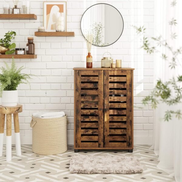 VASAGLE Meuble de Rangement, Armoire, Placard, Buffet, avec 2 Portes persiennes, 2 Planche réglable en Hauteur, pour Salle de Bain, Salon, Chambre, Couloir, Marron Rustique BBK142X01 – Image 2