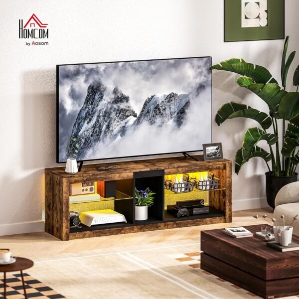 HOMCOM Meuble TV avec lumières LED et télécommande, Meuble télé Bois Banc TV pour téléviseur jusqu'à 65 Pouces avec étagères et Compartiments Ouvert, pour Salon Chambre à Coucher, 140x35x47cm, Marron – Image 2
