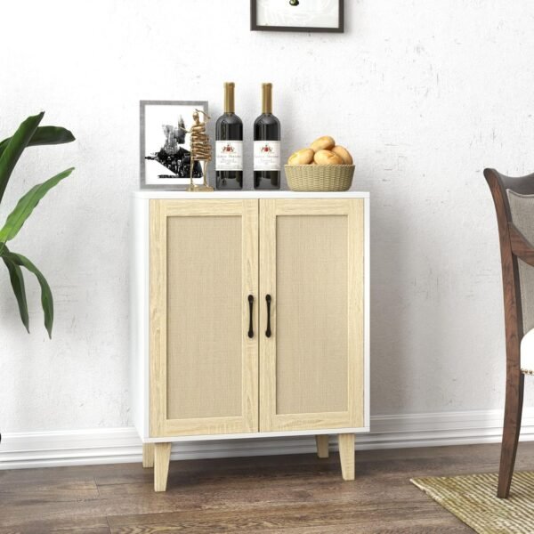 Panana Meuble de Rangement en Rotin et MDF, Buffets Haut Aspect sur Salon, Chambre, 69 x 38 x 88 cm (Blanc et Bois) – Image 4