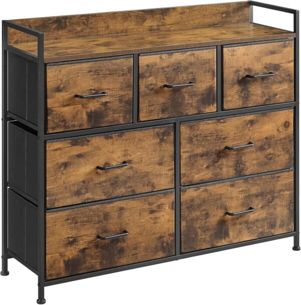 SONGMICS Commode, Armoire, Meuble de Rangement, 7 Tiroirs en Tissu avec Poignées, Cadre en Métal, Style Moderne, Marron Rustique et Noir d'Encre LTS137B01