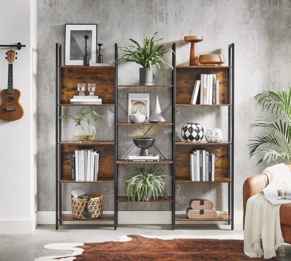 VASAGLE Bibliothèque, Étagère de Rangement, avec 14 Étagères, Cadre en Métal, Salon, Bureau, Style Industriel, 24 x 158 x 166 cm, Marron Rustique et Noir LLS107B01 – Image 2