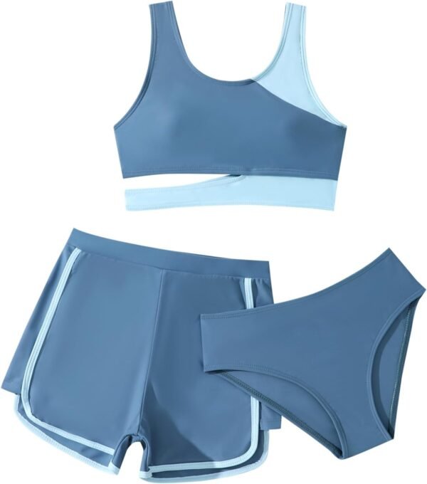 Xumplo Maillot de bain 3 pièces pour fille - Couleurs contrastées - Avec short - Maillot de bain pour adolescent
