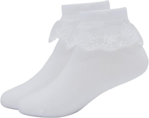 Snegyu Chaussettes blanches à volants pour fille - En dentelle - En coton – Image 4