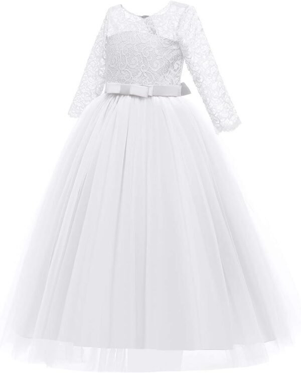 IWEMEK Enfants Fille Robe de Carnaval Princesse Longue en Dentelle avec Bowknot Demoiselle d'honneur Robe de Soirée Mariage Robe de Première Communion Anniversaire Fête Photographie 2-14 Ans – Image 5