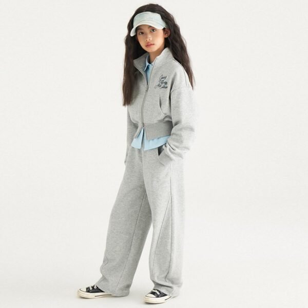 linboo Ensemble de survêtement 2 pièces pour fille avec double fermeture éclair et pantalon de sport pour enfant – Image 2