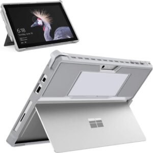 MoKo Coque Compatible Avec Microsoft Surface Pro 7 / Pro 6/Pro 5/Pro 2017/Pro 4/Pro LTE, Étui de Protection Robuste Tout-en-Un avec Porte-Stylo, Bracelet, Compatible Avec Clavier QWERTY - Gris Argenté