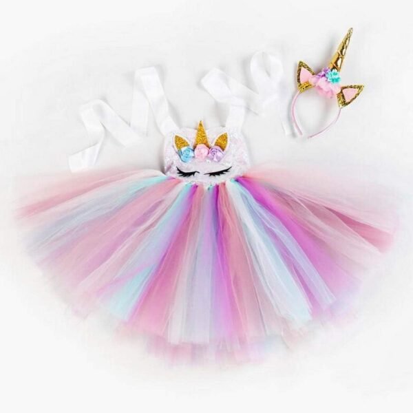 Robe de princesse licorne pour filles - Tutu en tulle - Fleurs arc-en-ciel - Pour fête de mariage, Halloween, Noël - Multicolore – Image 4