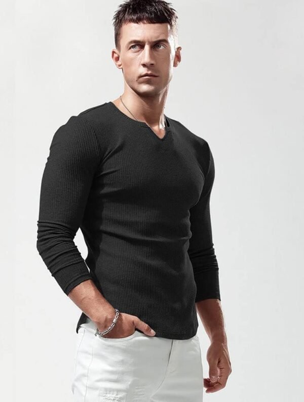 Lehmanlin T-Shirt de Sport à Manches Longues pour Homme, Col en V Extensible, Coupe Musclée, sous-vêtement Décontracté, T-Shirt Thermique Léger pour Homme – Image 3