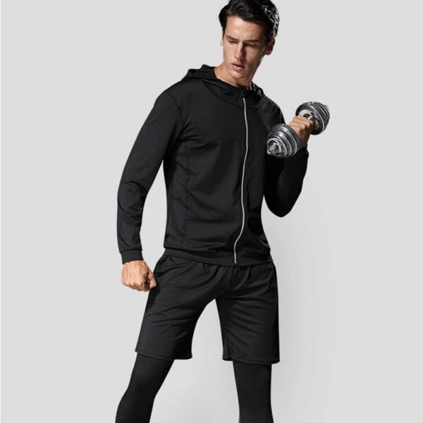 HZQIFEI Homme 5 Pièces Vêtements de Sport avec Hoodies Vestes Manches Courtes/Longues Shirt Compression Collant Short Séchage Rapide Workout Ensemble de Fitness Sportswear – Image 2