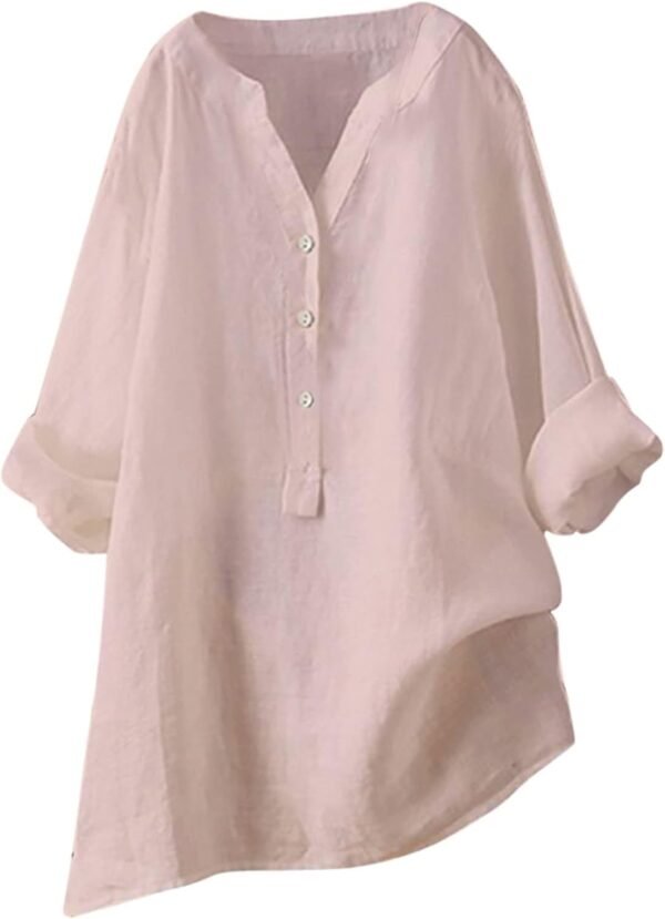 SCBFDI Chemisier Femme Chic et élégant, Chemise Lin Femme 2024 Printemps Eté Chic T-Shirt Manches Longues Col V Bouton Tshirt Couleur Unie Lâche Respirant Coton Lin Tunique Grande Taille Pas Cher Top