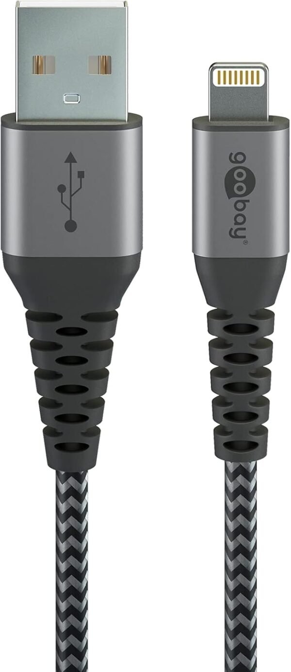 goobay 49269 Câble Lightning Apple – Certifié MFi – Câble textile extra résistant premium avec connecteurs métalliques – 2 m