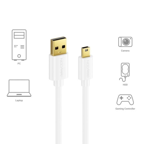 deleyCON 1,5m Mini USB 2.0 Câble Haute Vitesse - Câble de Charge & Données pour Téléphones Mobiles Smartphones Tablettes Appareils Photo Numériques Navis Microphone - USB A vers Mini B - Blanc – Image 7