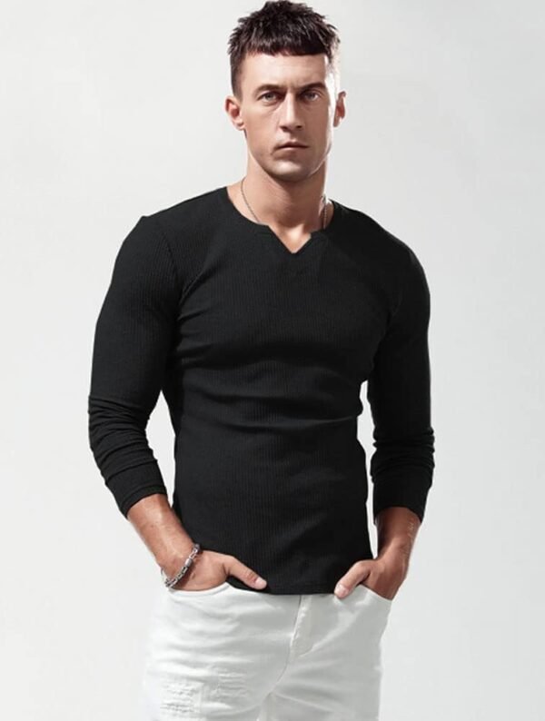 Lehmanlin T-Shirt de Sport à Manches Longues pour Homme, Col en V Extensible, Coupe Musclée, sous-vêtement Décontracté, T-Shirt Thermique Léger pour Homme – Image 2