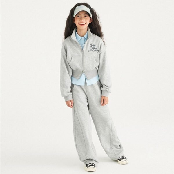 linboo Ensemble de survêtement 2 pièces pour fille avec double fermeture éclair et pantalon de sport pour enfant – Image 3