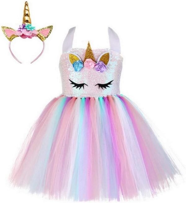 Robe de princesse licorne pour filles - Tutu en tulle - Fleurs arc-en-ciel - Pour fête de mariage, Halloween, Noël - Multicolore – Image 2