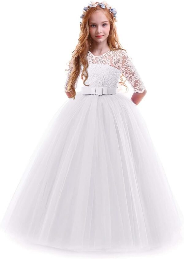 IWEMEK Enfants Fille Robe de Carnaval Princesse Longue en Dentelle avec Bowknot Demoiselle d'honneur Robe de Soirée Mariage Robe de Première Communion Anniversaire Fête Photographie 2-14 Ans