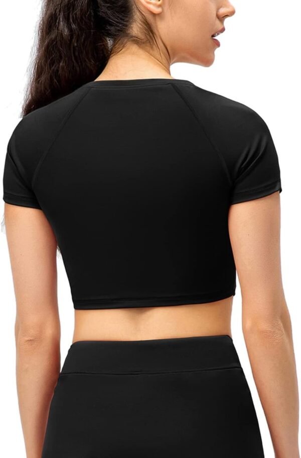 Femme Sports Aptitude De Base Fitness Manche Courte Tee T Shirts Compression Hauts Courts – Image 2