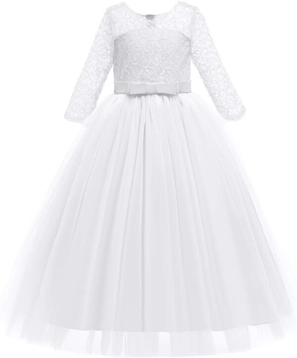 IWEMEK Enfants Fille Robe de Carnaval Princesse Longue en Dentelle avec Bowknot Demoiselle d'honneur Robe de Soirée Mariage Robe de Première Communion Anniversaire Fête Photographie 2-14 Ans – Image 4