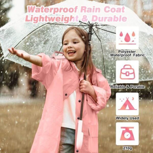 LAMA Manteau de pluie pour enfant - Poncho de pluie léger pour fille - Veste de pluie réutilisable - Cape de pluie avec capuche et housse de sac à dos - Pour vélo, randonnée, camping, voyage – Image 2