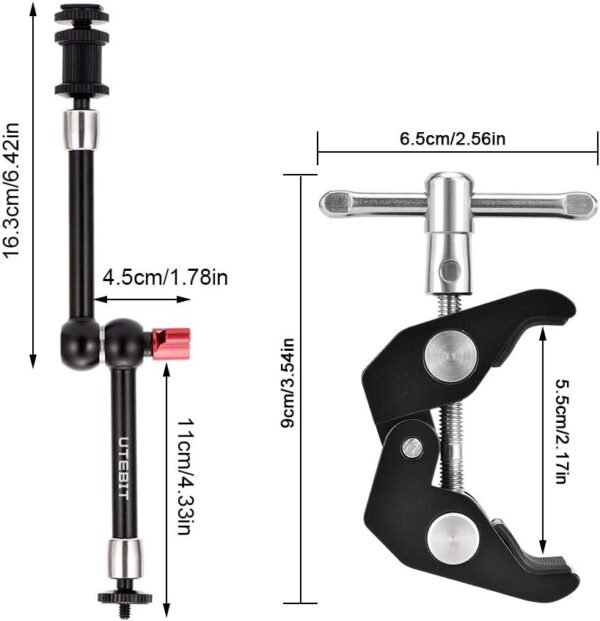 UTEBIT Bras Magique Articulé, 11Pouces / 29.5cm Magic Arm avec Super Clamp Charge Maximale de 4.4 lb/2kg, Expansion pour Le Moniteur pour Appareil Photo Reflex Gopro Camera Sport Moniteur LED – Image 8