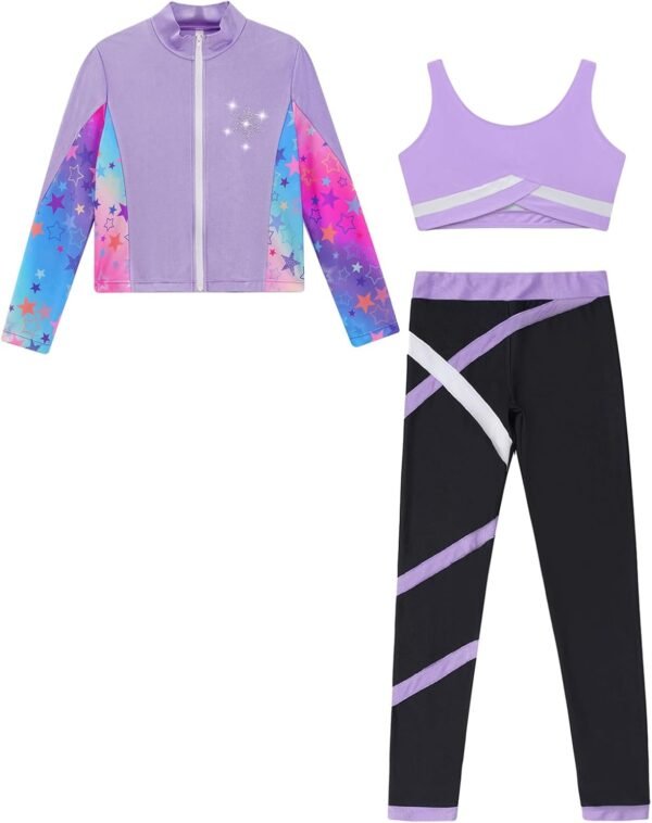 Oyolan Enfant Fille Ensemble Sport Survêtement Veste Débardeur Legging Gym Tenue Gymnastique Patinage Danse Entraînement 5-16 Ans – Image 3