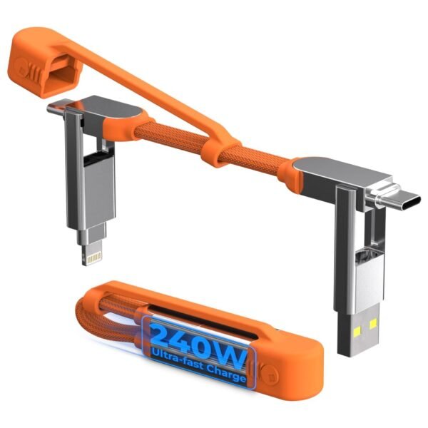 Rolling Square inCharge XS - Porte Clé avec Câble Usb C Charge Rapide 240W, Chargeur Usb C Universel 4 en 1 avec Cable Usb C/A, Cable Usb C vers Lightning et Aimant N52, Orange