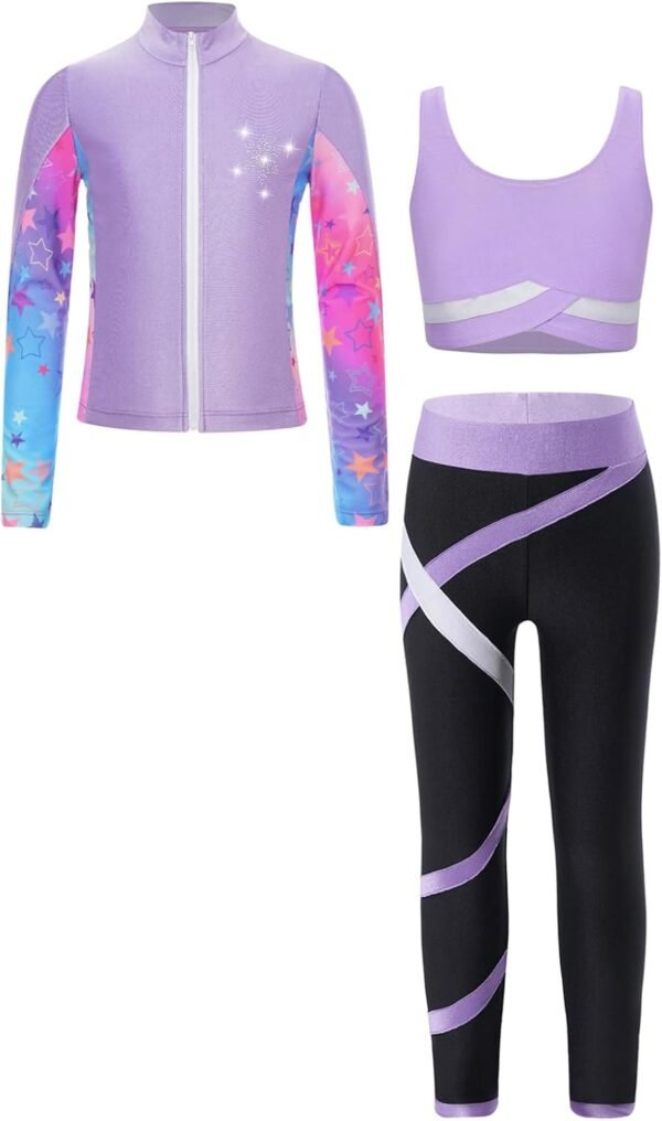 Oyolan Enfant Fille Ensemble Sport Survêtement Veste Débardeur Legging Gym Tenue Gymnastique Patinage Danse Entraînement 5-16 Ans