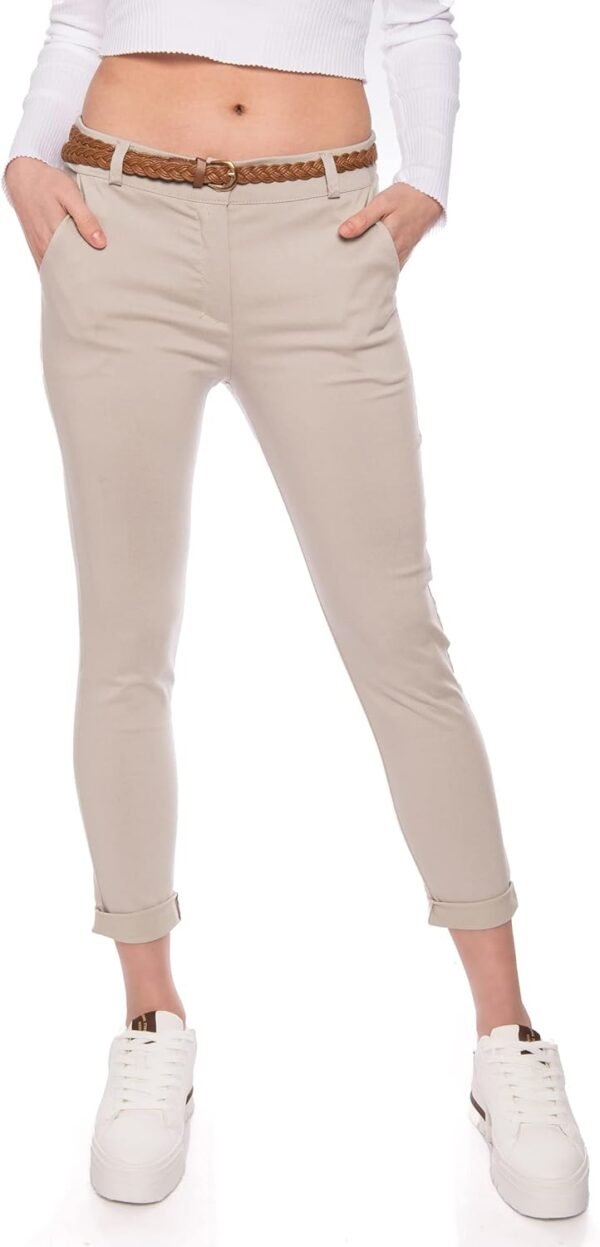 Kendindza Pantalon chino stretch pour femme avec ceinture Pantalon en tissu élégant long