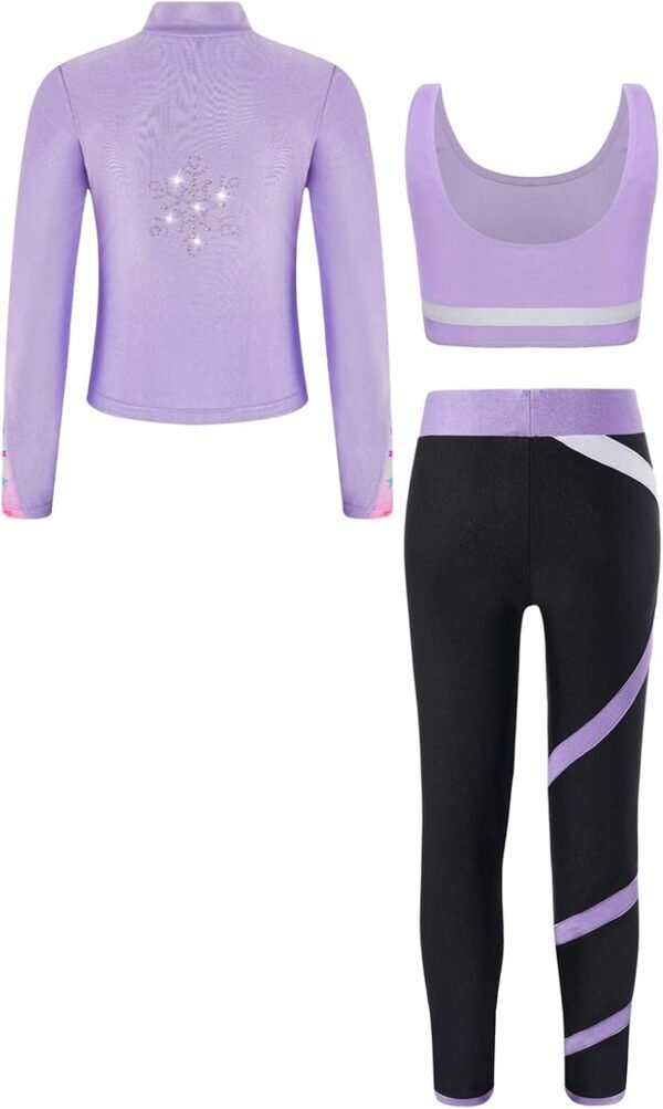 Oyolan Enfant Fille Ensemble Sport Survêtement Veste Débardeur Legging Gym Tenue Gymnastique Patinage Danse Entraînement 5-16 Ans – Image 2