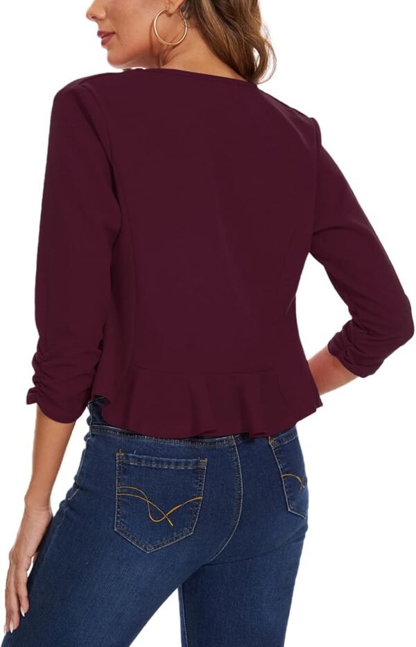 LADI TREND Blazer court sans col pour femme Vestes ouvertes sur le devant Manches 3/4 froncées Cardigan demi-lin – Image 5