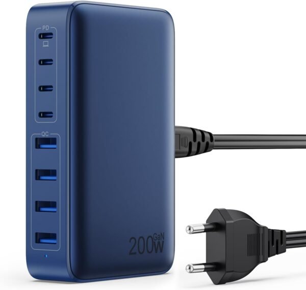 200W Chargeur USB C, Chargeur Rapide avec GaN III Tech, 8 Ports PD QC PPS Prise Multiple, 65W Adaptateur Chargeur Laptop Compatible avec MacBook Pro/Air Laptop, iPhone, iPad Pro, Galaxy, SteamDeck