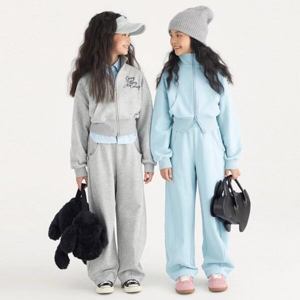 linboo Ensemble de survêtement 2 pièces pour fille avec double fermeture éclair et pantalon de sport pour enfant – Image 5