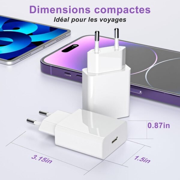2Pack Chargeur Rapide iPhone 14 13, 20W USB C Chargeur iPhone avec Câble de Charge Lightning iPhone 2M pour Original Apple iPhone 14 13 12 Pro Max Mini/11/XS/X/8 Plus/2020 SE/iPad – Image 6