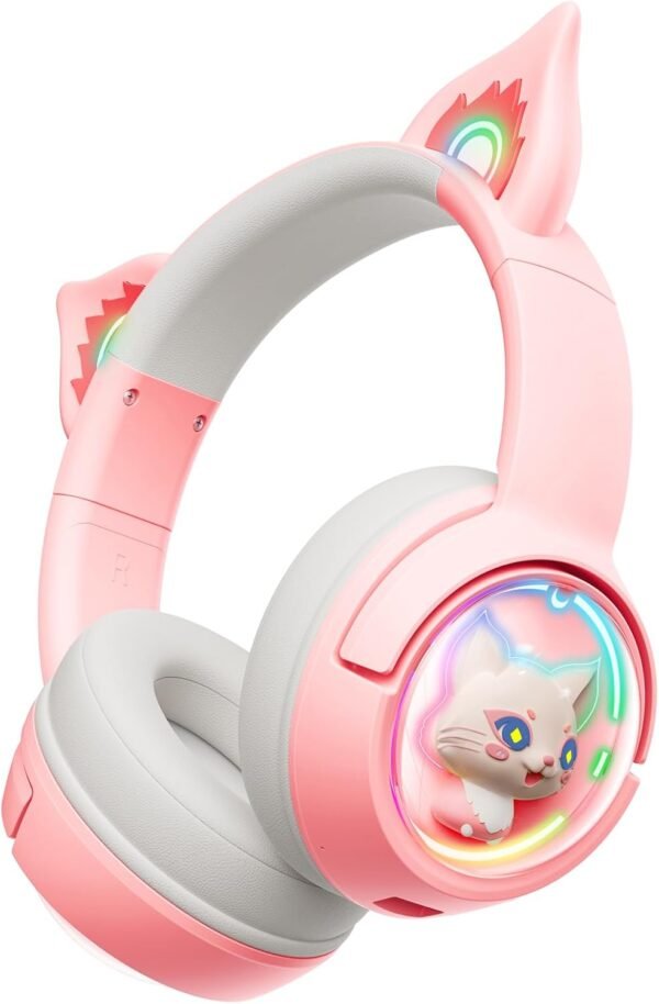PHNIXGAM Casque Bluetooth avec oreilles de chat, en mode sans fil et filaire, avec microphone, lumière RVB, compatible avec téléphones portables, PC, tablette, consoles de jeux, rose