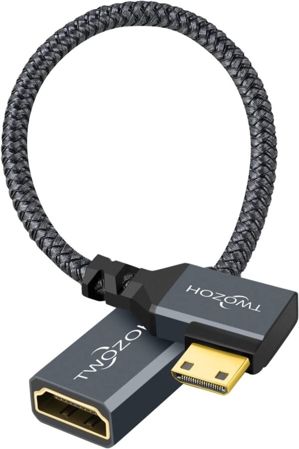 Twozoh Câble Adaptateur Mini HDMI vers HDMI 0,2M, Nylon tressé à 90 Degrés à angle droit Mâle Mini HDMI vers Femelle HDMI Câble extension Supporte 3D/4K 1080p