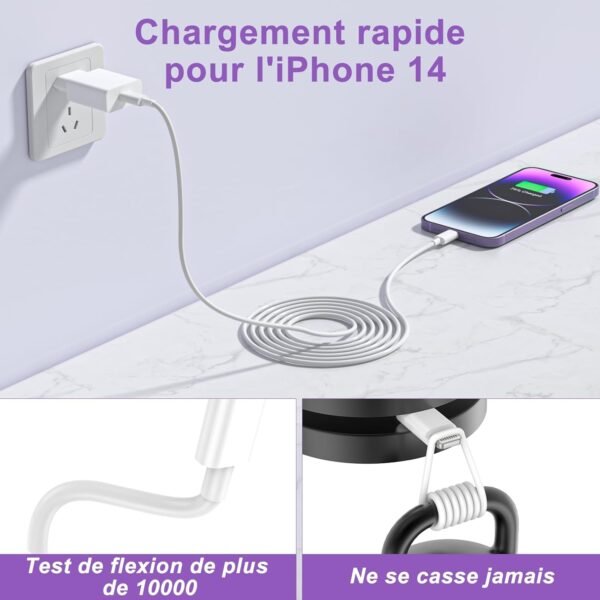 2Pack Chargeur Rapide iPhone 14 13, 20W USB C Chargeur iPhone avec Câble de Charge Lightning iPhone 2M pour Original Apple iPhone 14 13 12 Pro Max Mini/11/XS/X/8 Plus/2020 SE/iPad – Image 7