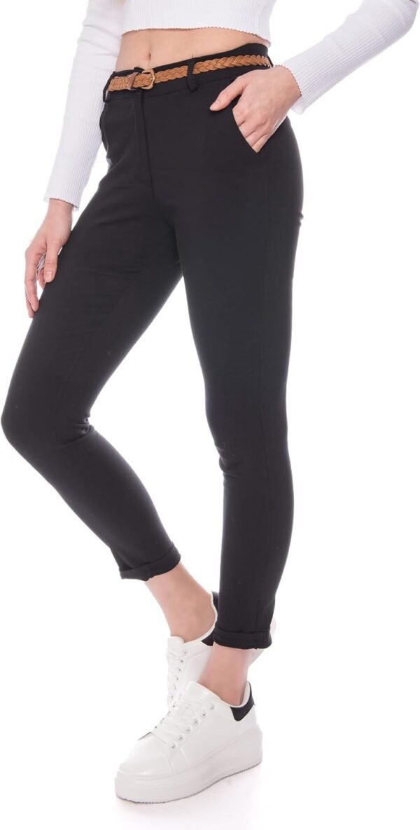 Kendindza Pantalon chino stretch pour femme avec ceinture Pantalon en tissu élégant long