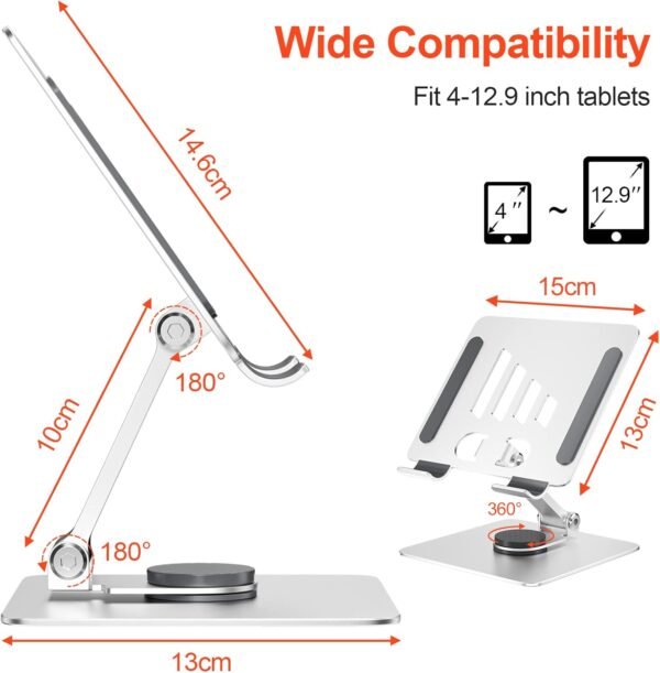 Firschoie Support Tablette, Support Téléphone en Aluminium, Base pliable portative, support réglable, Convient aux téléphones portables, accessoires, bureaux, Compatible Apple, Samsung, Huawei(Argent) – Image 7