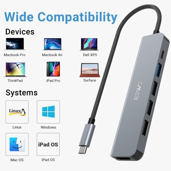 Adaptateur USB C Hub HDMI, Adaptateur USB C 6 en 1 avec HDMI 4K, 1 Port USB 3.0 et 3 Ports USB 2.0, Alimentation 100 W Compatible avec Windows 10/8, Mac OS 10.5 ou supérieur, Linux et Plus Encore. – Image 6