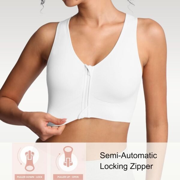 Lemef Soutien-gorge de sport à fermeture éclair sur le devant - Soutien-gorge de compression post-opératoire sans fil pour femme - Dos nageur – Image 3
