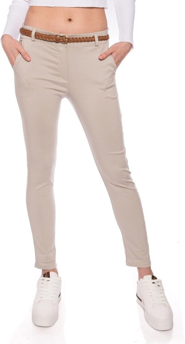 Kendindza Pantalon chino stretch pour femme avec ceinture Pantalon en tissu élégant long – Image 5