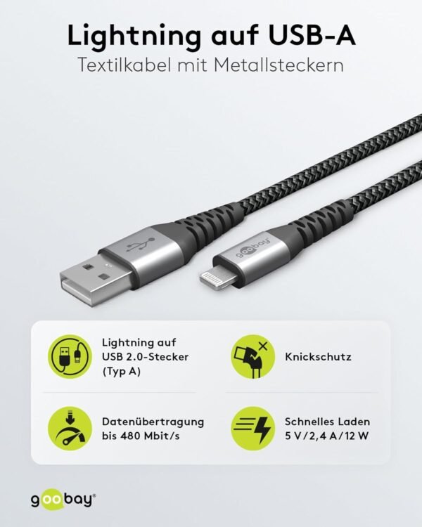 goobay 49269 Câble Lightning Apple – Certifié MFi – Câble textile extra résistant premium avec connecteurs métalliques – 2 m – Image 2