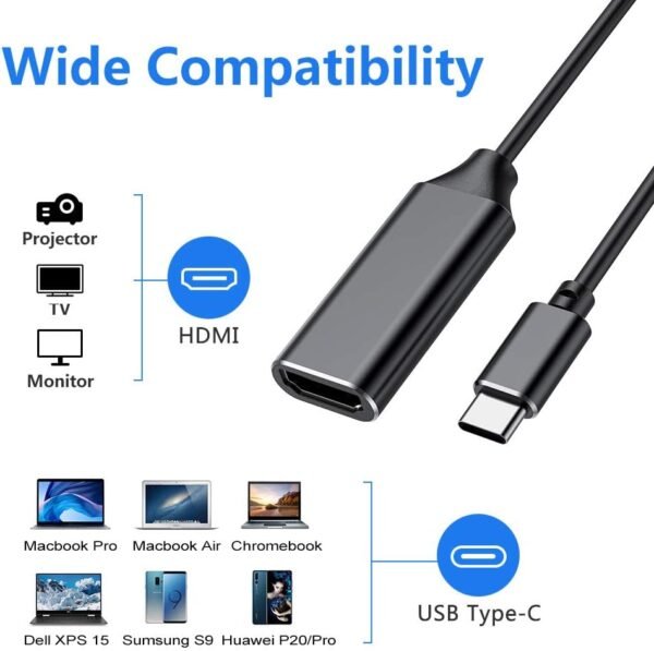 Adaptateur USB Type C à HDMI 4k (Thunderbolt 3 compatible) avec sortie audio vidéo pour MacBook Pro 2018/2017, iPad pro 2018, Samsung Note 9/S9, Huawei Mate 20 etc (Black) – Image 4