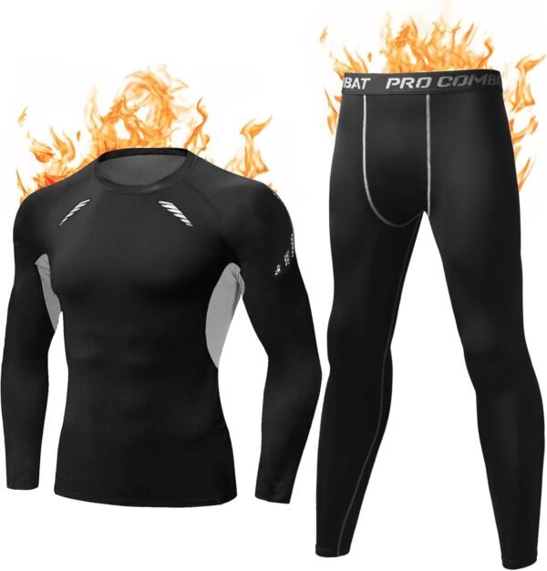 Terecey Ensemble de sous-Vêtement Thermique Homme Fonctionnels Ensemble Sport Base Layers Homme Respirant sous Vêtements Thermiques Homme Séchage Rapide