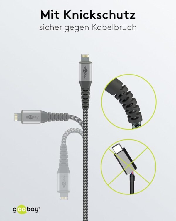 goobay 49269 Câble Lightning Apple – Certifié MFi – Câble textile extra résistant premium avec connecteurs métalliques – 2 m – Image 3