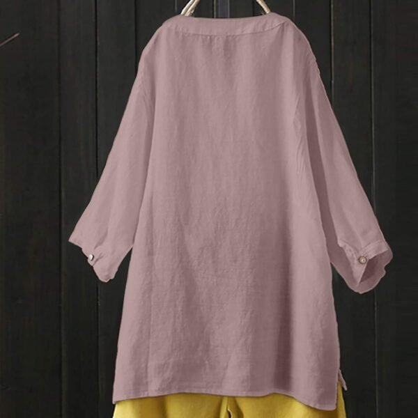 SCBFDI Chemisier Femme Chic et élégant, Chemise Lin Femme 2024 Printemps Eté Chic T-Shirt Manches Longues Col V Bouton Tshirt Couleur Unie Lâche Respirant Coton Lin Tunique Grande Taille Pas Cher Top – Image 3